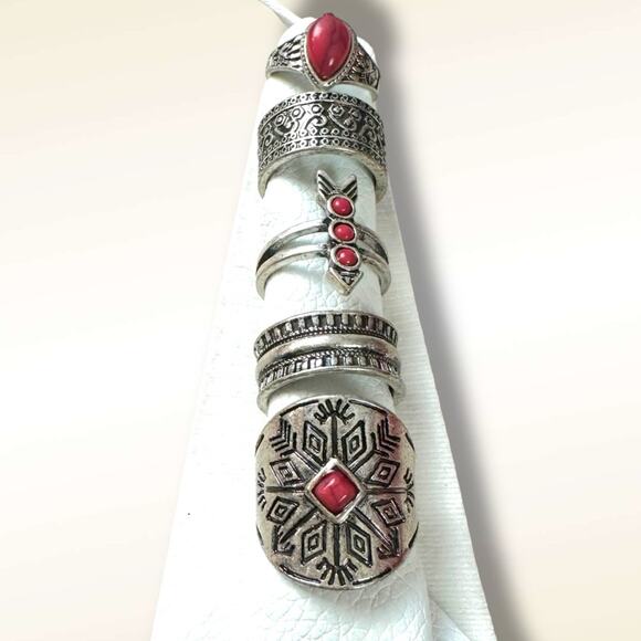 Free People Count Your Lucky Stars Ring Set in Silver Red Western Bohemian - Picture 2 of 8